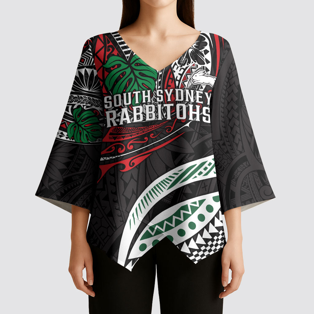 Personalised South Sydney Rabbitohs Kimono Sleeve Blouse Polynesian Tribal Art Style With Powerful Rabbit Mascot