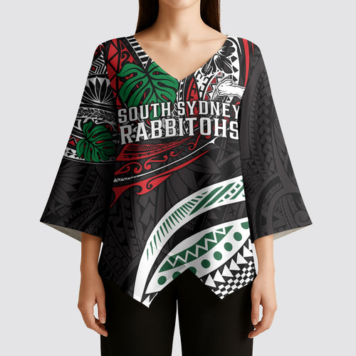 Personalised South Sydney Rabbitohs Kimono Sleeve Blouse Polynesian Tribal Art Style With Powerful Rabbit Mascot