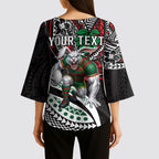 Personalised South Sydney Rabbitohs Kimono Sleeve Blouse Polynesian Tribal Art Style With Powerful Rabbit Mascot