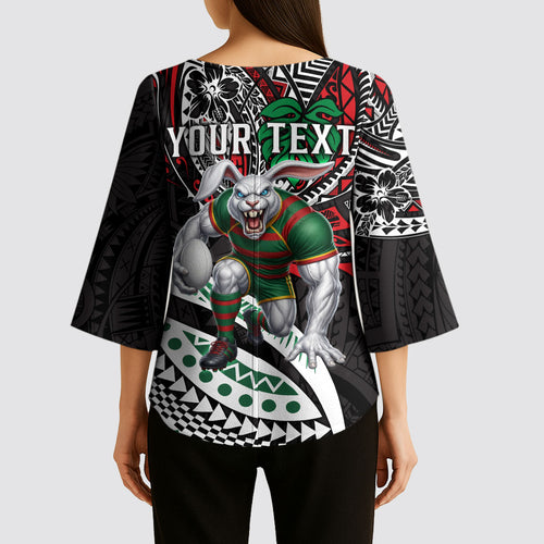 Personalised South Sydney Rabbitohs Kimono Sleeve Blouse Polynesian Tribal Art Style With Powerful Rabbit Mascot