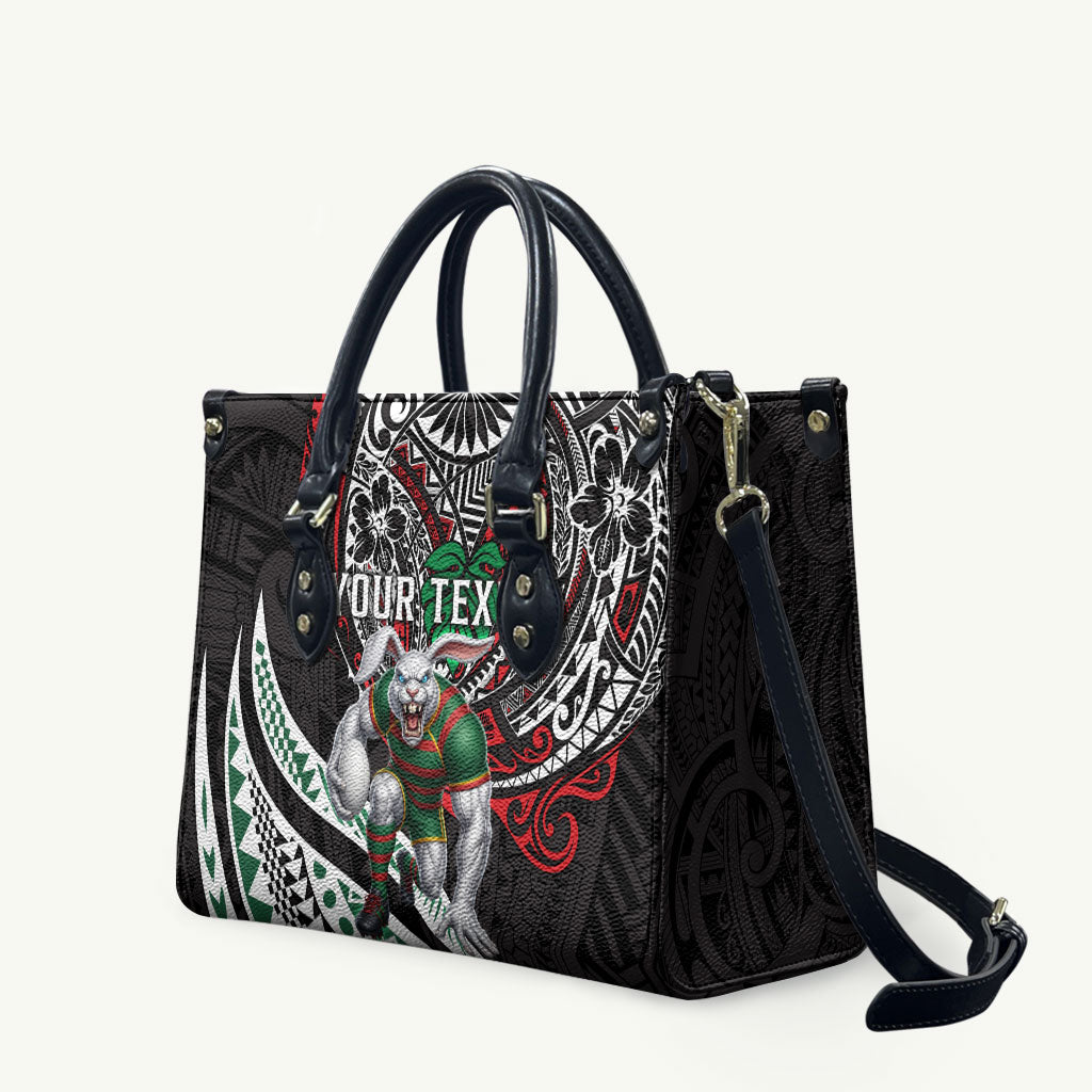 Personalised South Sydney Rabbitohs Leather Bag Polynesian Tribal Art Style With Powerful Rabbit Mascot
