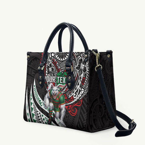 Personalised South Sydney Rabbitohs Leather Bag Polynesian Tribal Art Style With Powerful Rabbit Mascot