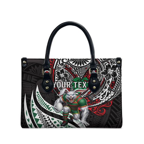 Personalised South Sydney Rabbitohs Leather Bag Polynesian Tribal Art Style With Powerful Rabbit Mascot
