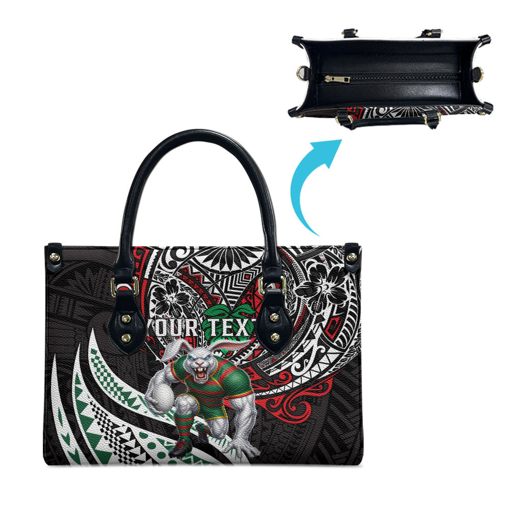 Personalised South Sydney Rabbitohs Leather Bag Polynesian Tribal Art Style With Powerful Rabbit Mascot