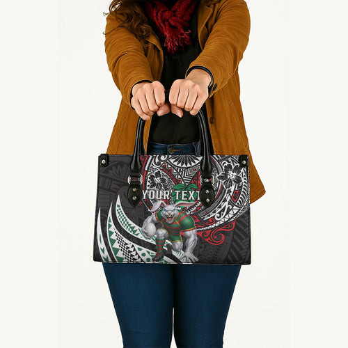 Personalised South Sydney Rabbitohs Leather Bag Polynesian Tribal Art Style With Powerful Rabbit Mascot