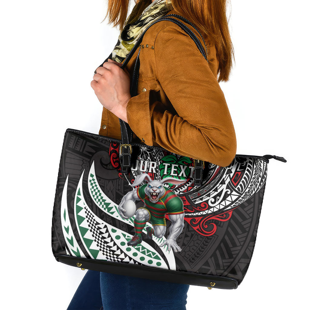 Personalised South Sydney Rabbitohs Leather Tote Bag Polynesian Tribal Art Style With Powerful Rabbit Mascot