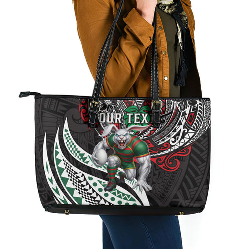 Personalised South Sydney Rabbitohs Leather Tote Bag Polynesian Tribal Art Style With Powerful Rabbit Mascot