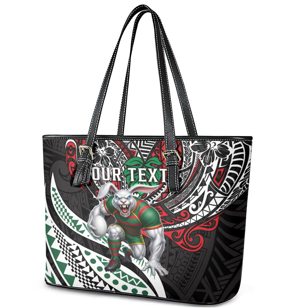 Personalised South Sydney Rabbitohs Leather Tote Bag Polynesian Tribal Art Style With Powerful Rabbit Mascot