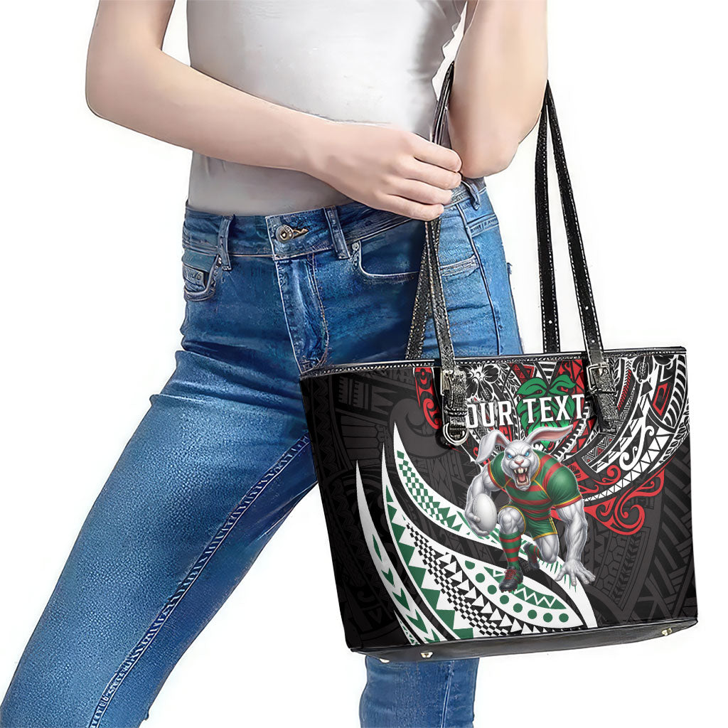 Personalised South Sydney Rabbitohs Leather Tote Bag Polynesian Tribal Art Style With Powerful Rabbit Mascot