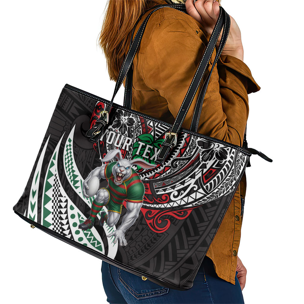 Personalised South Sydney Rabbitohs Leather Tote Bag Polynesian Tribal Art Style With Powerful Rabbit Mascot