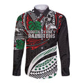 Personalised South Sydney Rabbitohs Long Sleeve Button Shirt Polynesian Tribal Art Style With Powerful Rabbit Mascot