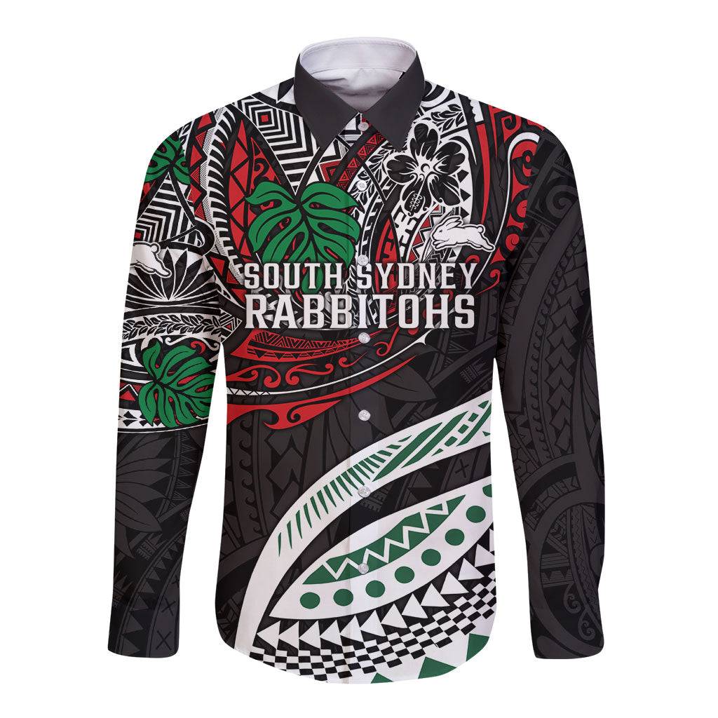 Personalised South Sydney Rabbitohs Long Sleeve Button Shirt Polynesian Tribal Art Style With Powerful Rabbit Mascot