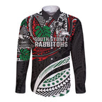 Personalised South Sydney Rabbitohs Long Sleeve Button Shirt Polynesian Tribal Art Style With Powerful Rabbit Mascot