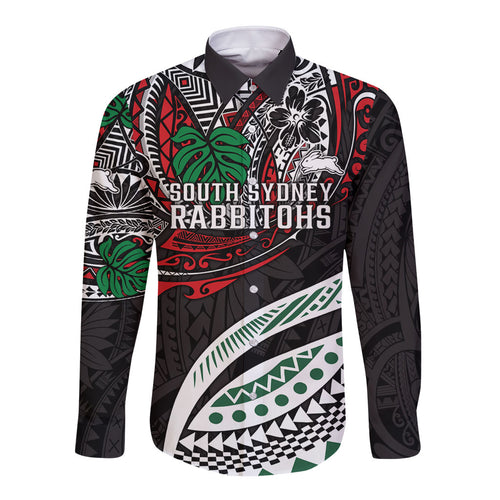 Personalised South Sydney Rabbitohs Long Sleeve Button Shirt Polynesian Tribal Art Style With Powerful Rabbit Mascot