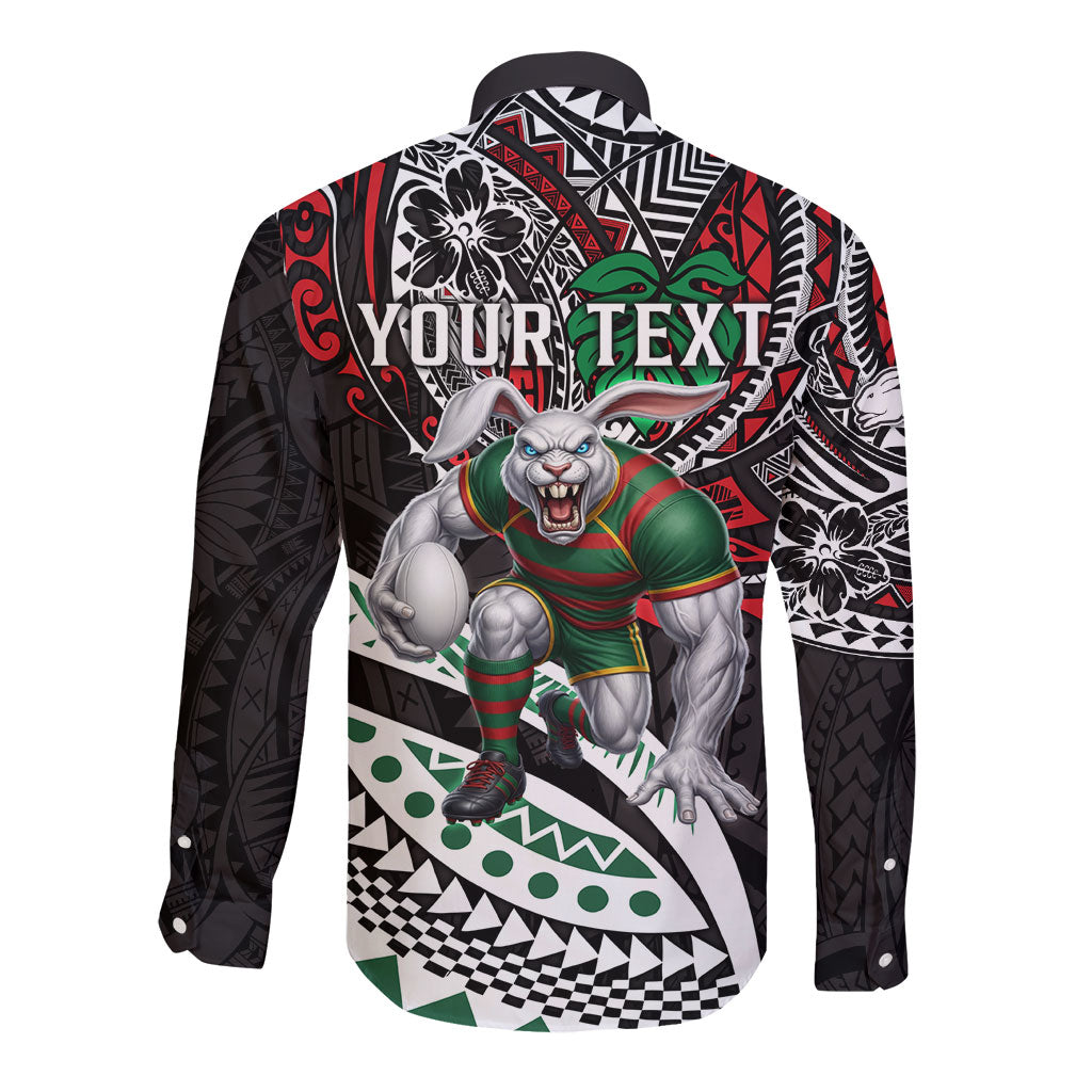 Personalised South Sydney Rabbitohs Long Sleeve Button Shirt Polynesian Tribal Art Style With Powerful Rabbit Mascot