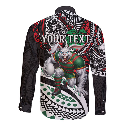 Personalised South Sydney Rabbitohs Long Sleeve Button Shirt Polynesian Tribal Art Style With Powerful Rabbit Mascot