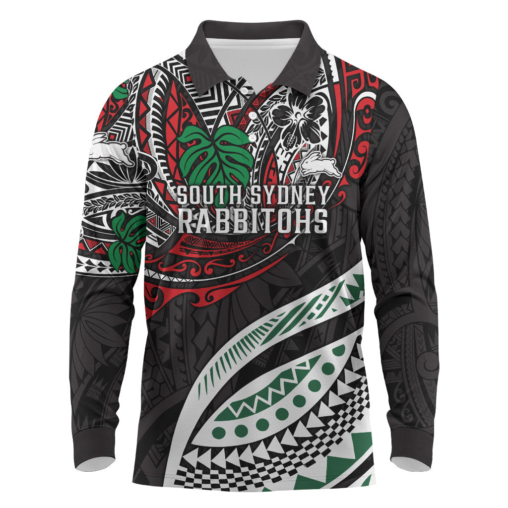 Personalised South Sydney Rabbitohs Long Sleeve Polo Shirt Polynesian Tribal Art Style With Powerful Rabbit Mascot