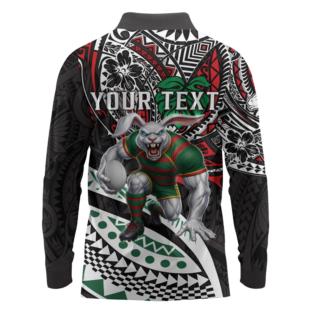 Personalised South Sydney Rabbitohs Long Sleeve Polo Shirt Polynesian Tribal Art Style With Powerful Rabbit Mascot