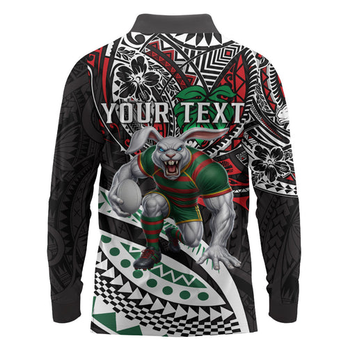 Personalised South Sydney Rabbitohs Long Sleeve Polo Shirt Polynesian Tribal Art Style With Powerful Rabbit Mascot