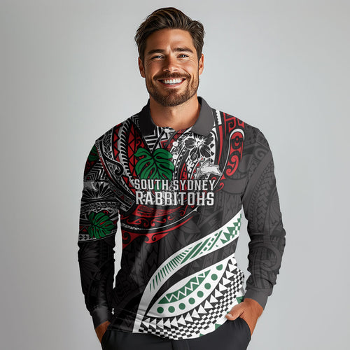 Personalised South Sydney Rabbitohs Long Sleeve Polo Shirt Polynesian Tribal Art Style With Powerful Rabbit Mascot