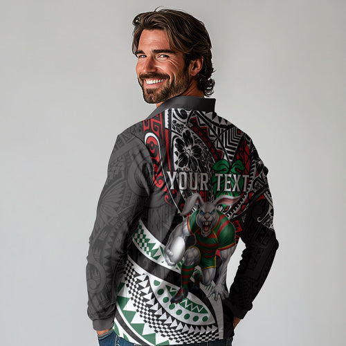 Personalised South Sydney Rabbitohs Long Sleeve Polo Shirt Polynesian Tribal Art Style With Powerful Rabbit Mascot