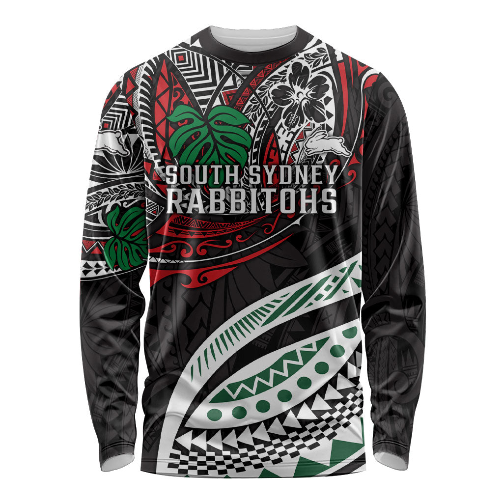 Personalised South Sydney Rabbitohs Long Sleeve Shirt Polynesian Tribal Art Style With Powerful Rabbit Mascot