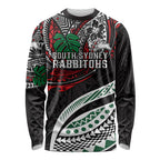 Personalised South Sydney Rabbitohs Long Sleeve Shirt Polynesian Tribal Art Style With Powerful Rabbit Mascot