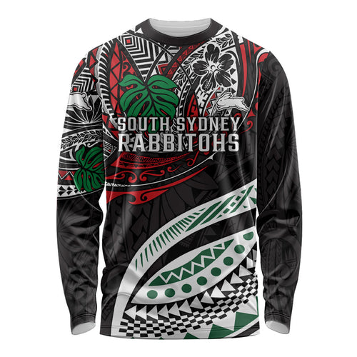 Personalised South Sydney Rabbitohs Long Sleeve Shirt Polynesian Tribal Art Style With Powerful Rabbit Mascot