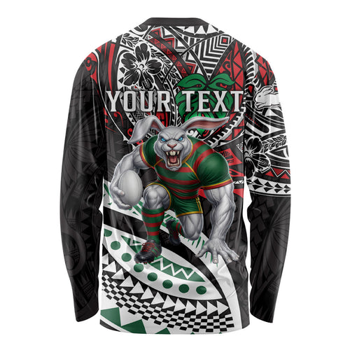 Personalised South Sydney Rabbitohs Long Sleeve Shirt Polynesian Tribal Art Style With Powerful Rabbit Mascot