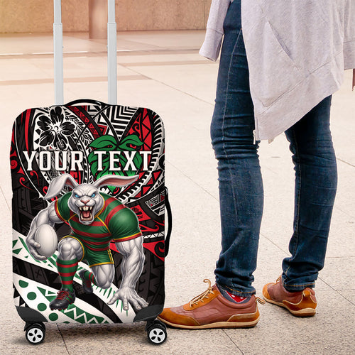 Personalised South Sydney Rabbitohs Luggage Cover Polynesian Tribal Art Style With Powerful Rabbit Mascot