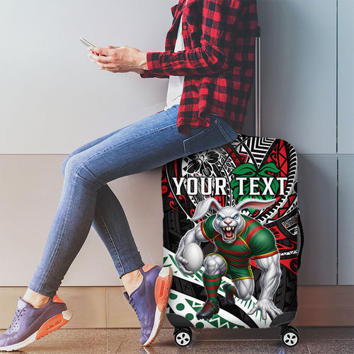 Personalised South Sydney Rabbitohs Luggage Cover Polynesian Tribal Art Style With Powerful Rabbit Mascot
