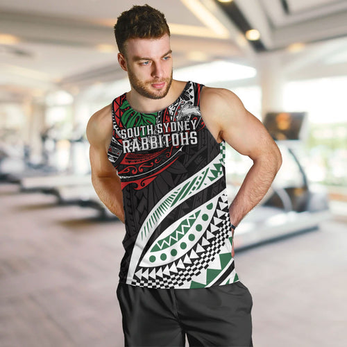 Personalised South Sydney Rabbitohs Men Tank Top Polynesian Tribal Art Style With Powerful Rabbit Mascot