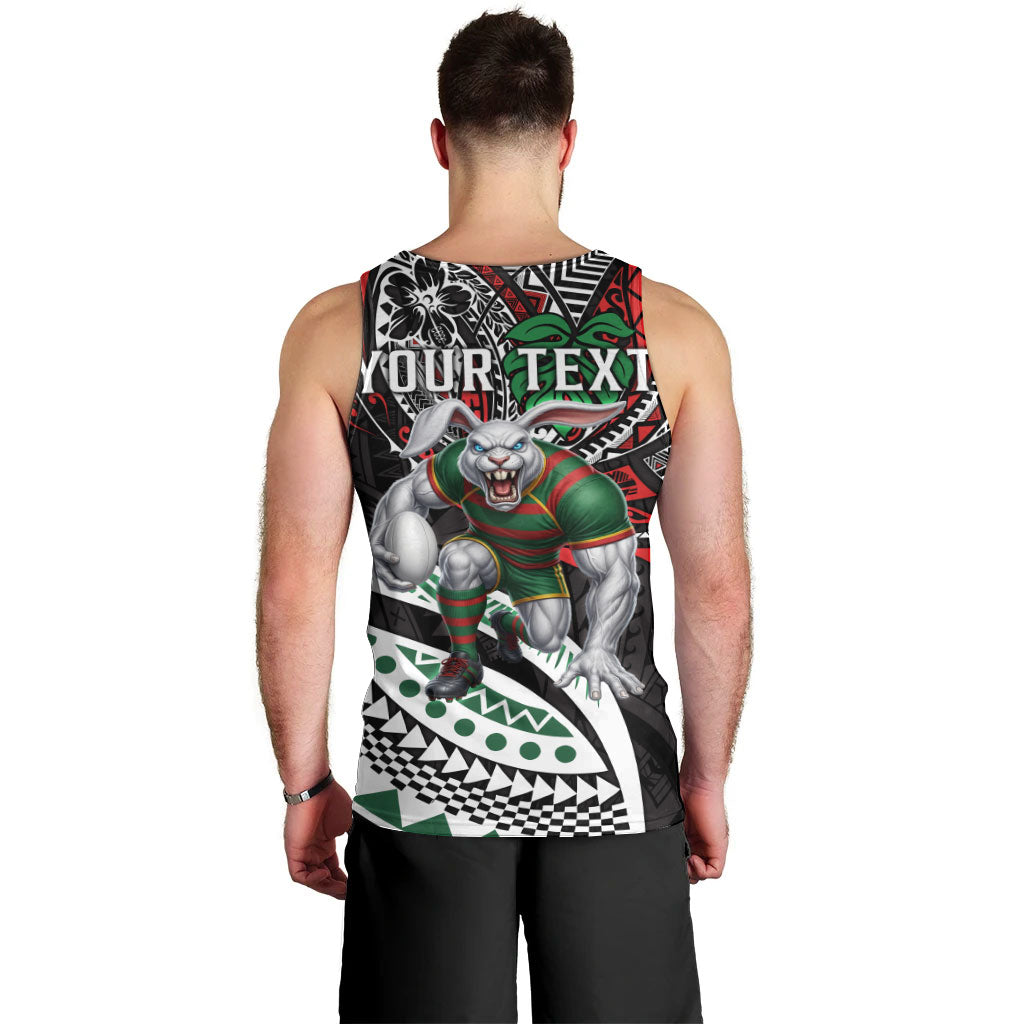 Personalised South Sydney Rabbitohs Men Tank Top Polynesian Tribal Art Style With Powerful Rabbit Mascot