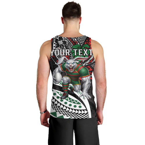 Personalised South Sydney Rabbitohs Men Tank Top Polynesian Tribal Art Style With Powerful Rabbit Mascot