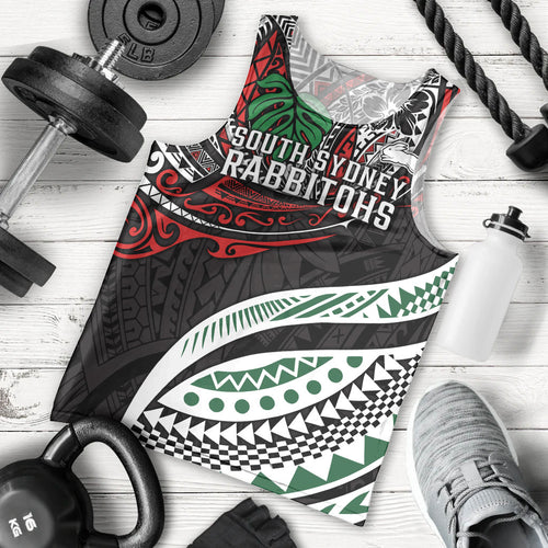 Personalised South Sydney Rabbitohs Men Tank Top Polynesian Tribal Art Style With Powerful Rabbit Mascot