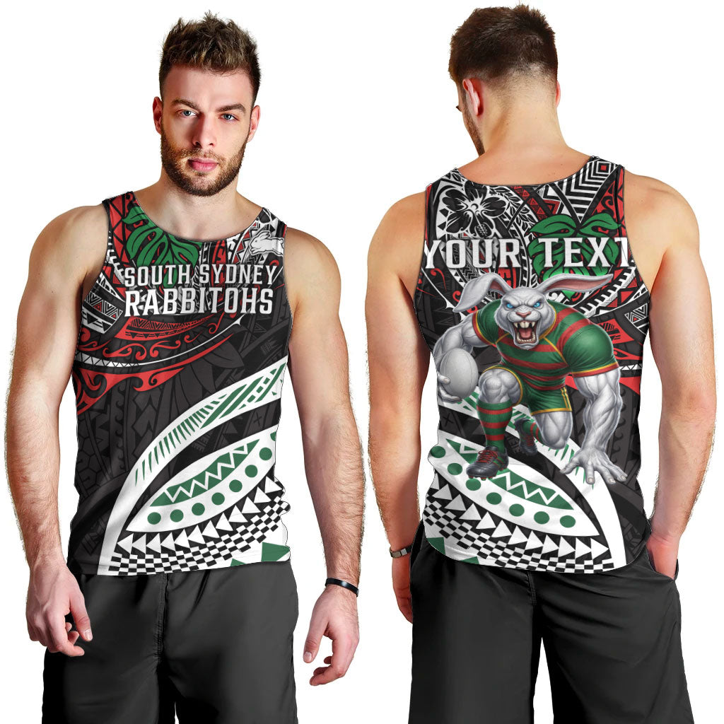 Personalised South Sydney Rabbitohs Men Tank Top Polynesian Tribal Art Style With Powerful Rabbit Mascot