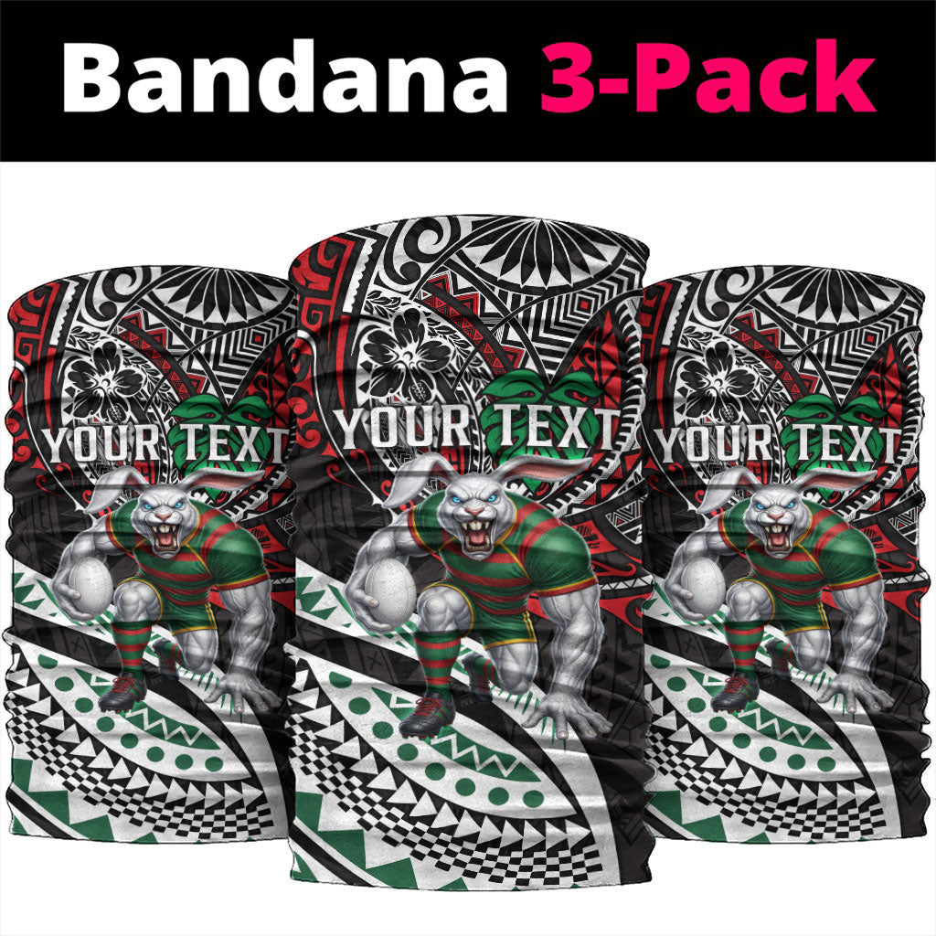 Personalised South Sydney Rabbitohs Neck Gaiter Polynesian Tribal Art Style With Powerful Rabbit Mascot
