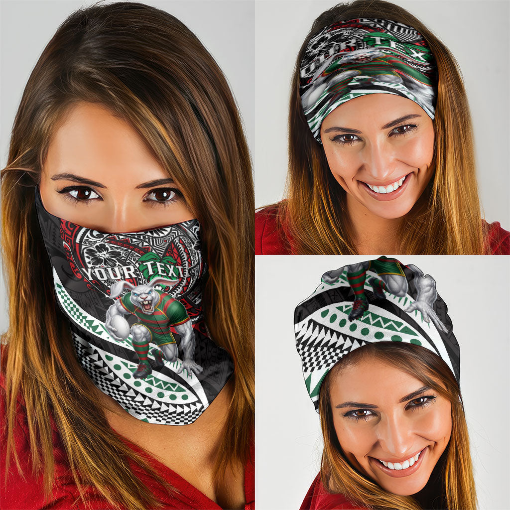 Personalised South Sydney Rabbitohs Neck Gaiter Polynesian Tribal Art Style With Powerful Rabbit Mascot
