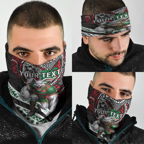 Personalised South Sydney Rabbitohs Neck Gaiter Polynesian Tribal Art Style With Powerful Rabbit Mascot
