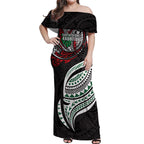 Personalised South Sydney Rabbitohs Off Shoulder Maxi Dress Polynesian Tribal Art Style With Powerful Rabbit Mascot