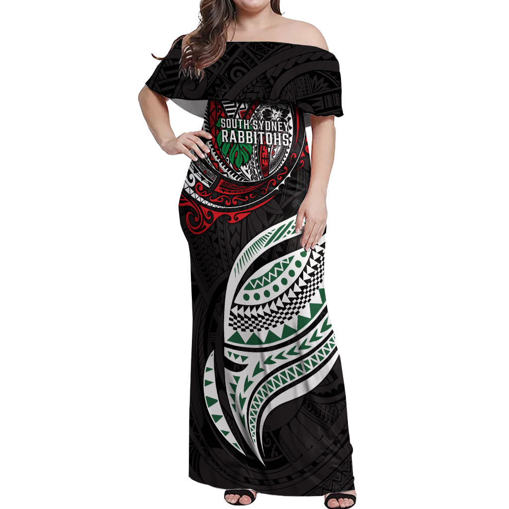 Personalised South Sydney Rabbitohs Off Shoulder Maxi Dress Polynesian Tribal Art Style With Powerful Rabbit Mascot