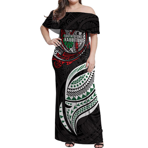 Personalised South Sydney Rabbitohs Off Shoulder Maxi Dress Polynesian Tribal Art Style With Powerful Rabbit Mascot