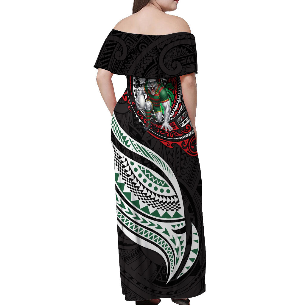 Personalised South Sydney Rabbitohs Off Shoulder Maxi Dress Polynesian Tribal Art Style With Powerful Rabbit Mascot