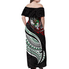 Personalised South Sydney Rabbitohs Off Shoulder Maxi Dress Polynesian Tribal Art Style With Powerful Rabbit Mascot