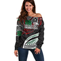 Personalised South Sydney Rabbitohs Off Shoulder Sweater Polynesian Tribal Art Style With Powerful Rabbit Mascot