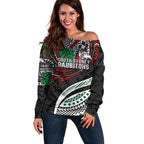 Personalised South Sydney Rabbitohs Off Shoulder Sweater Polynesian Tribal Art Style With Powerful Rabbit Mascot
