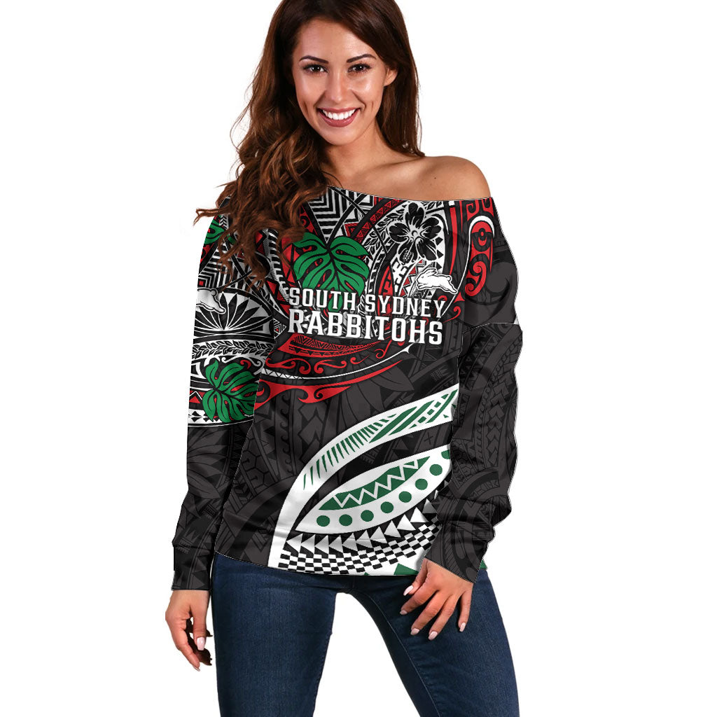Personalised South Sydney Rabbitohs Off Shoulder Sweater Polynesian Tribal Art Style With Powerful Rabbit Mascot