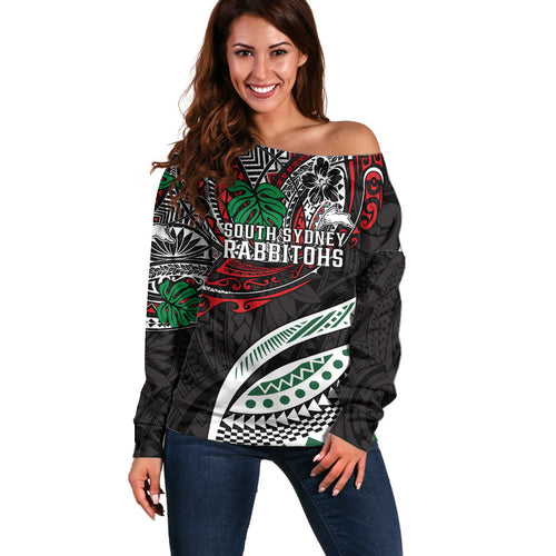 Personalised South Sydney Rabbitohs Off Shoulder Sweater Polynesian Tribal Art Style With Powerful Rabbit Mascot