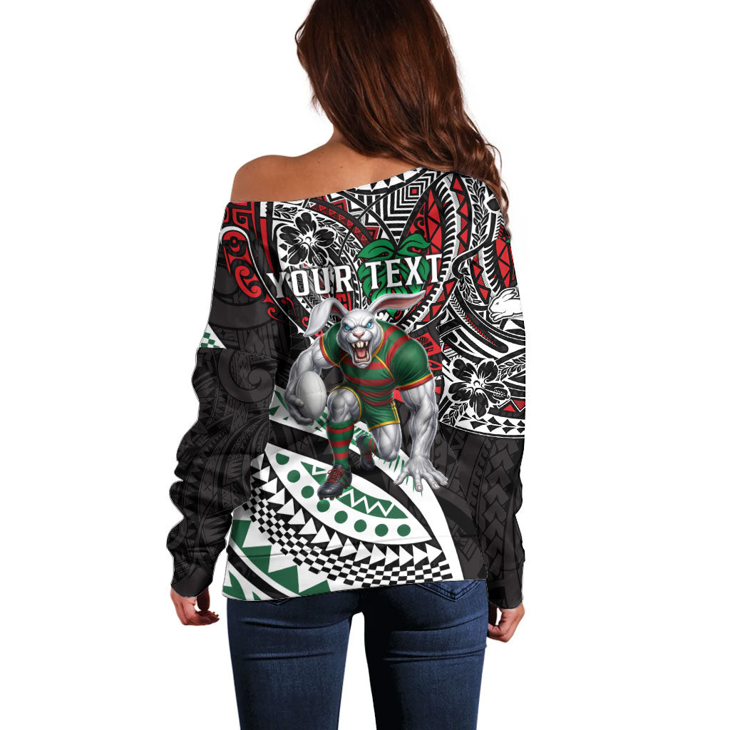 Personalised South Sydney Rabbitohs Off Shoulder Sweater Polynesian Tribal Art Style With Powerful Rabbit Mascot