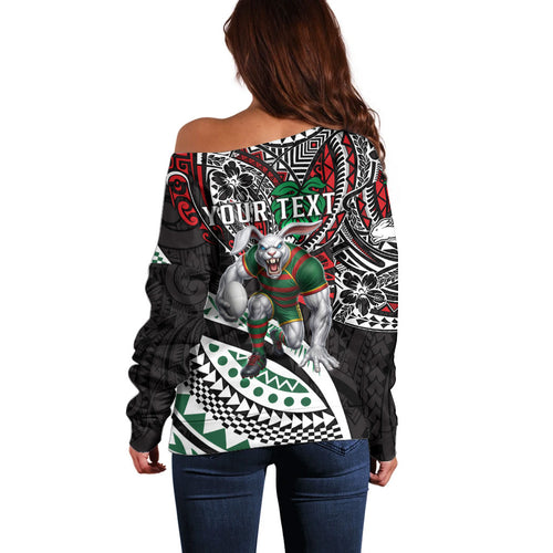 Personalised South Sydney Rabbitohs Off Shoulder Sweater Polynesian Tribal Art Style With Powerful Rabbit Mascot